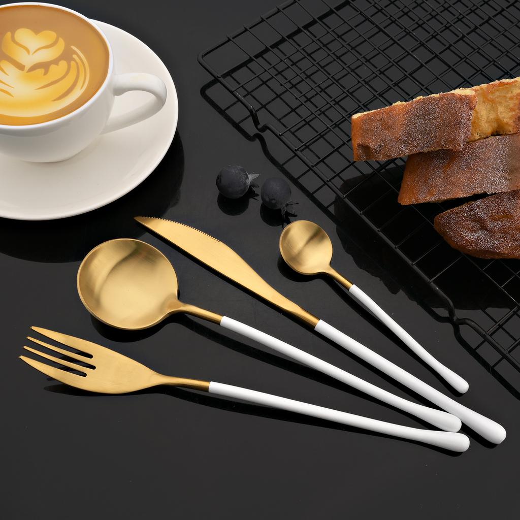 4Pcs White Gold Cutlery 18/10 Stainless Steel Dinnerware Set Spoon Fork Knife Western Home Silverware Tableware Set Supplies