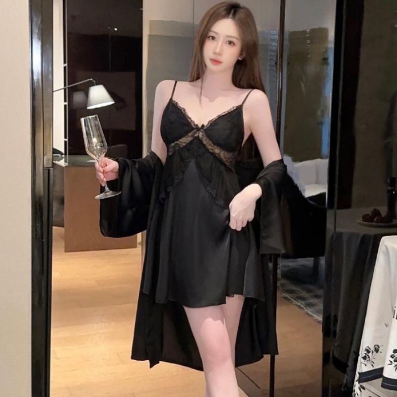Pajamas women's ice silk thin with chest pad suspender nightdress thin pure lace