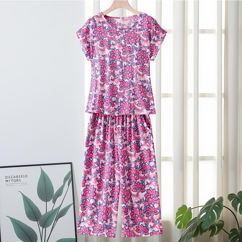 Plus Size Women Two Peice Sets Summer Loose Elegant High Waist Pant Sets Female Casual Vintage Print Oversize Suit