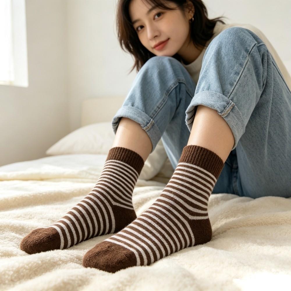 Thermal Fleece Lined Thick Crew Socks Striped Pattern Fleece Lined Socks  Cold Weather