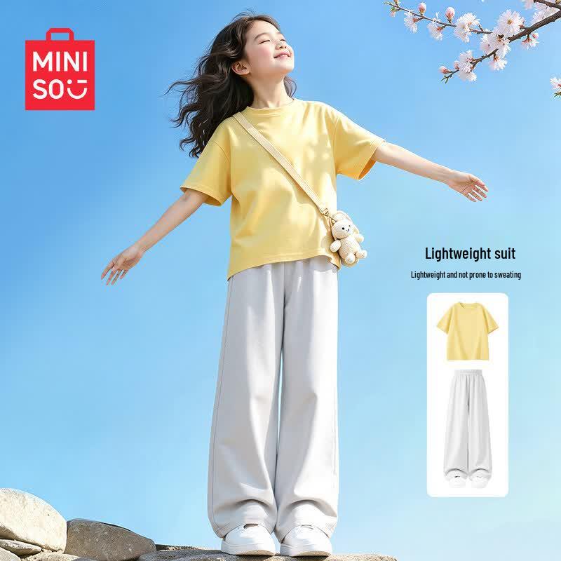 MINISO Girls' 2026 Summer Cotton Casual Short Sleeve & Pants Set
