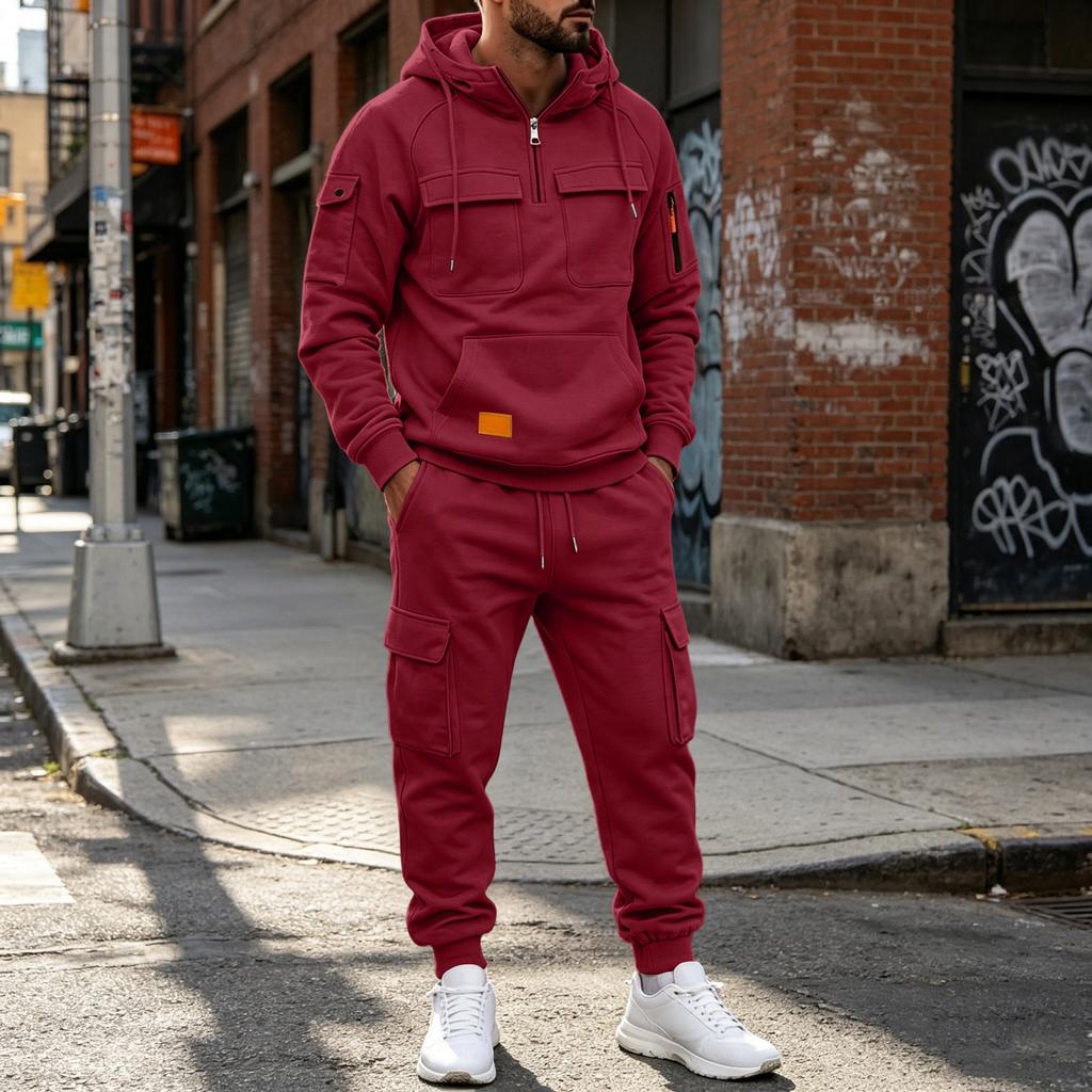 Men's Casual Multi-Pocket Set, Hoodie and Jogger Pants Two-Piece Outfit