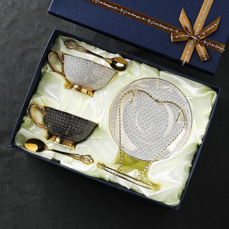 Bone Coffee Mug Set Ceramic Classic Grid Mug Coffeware Sets with Gifts Box Packing Wedding Gifts Chinese Tea Cup Drinkware