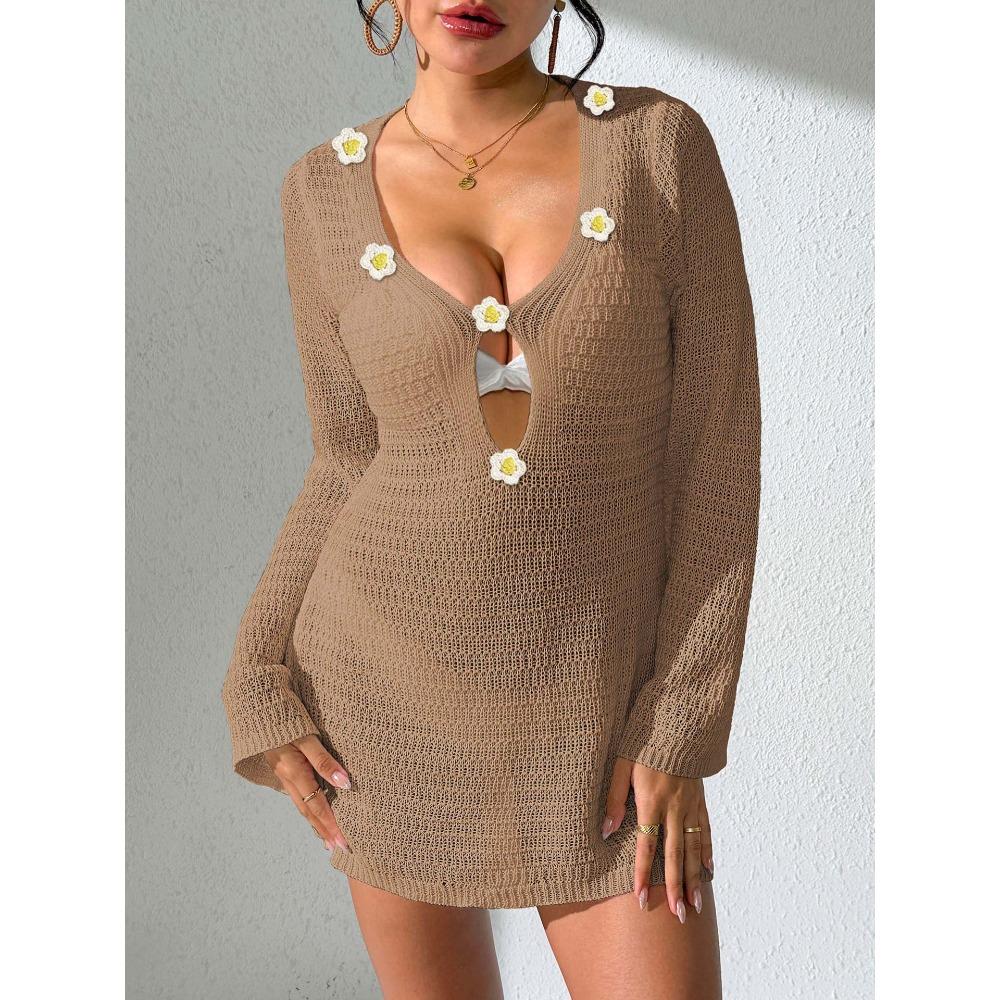 Sexy Deep V Cutout Trumpet Sleeve Beach Cover-up Bikini with Hand-hooked Flower Decoration As An Outer Dress