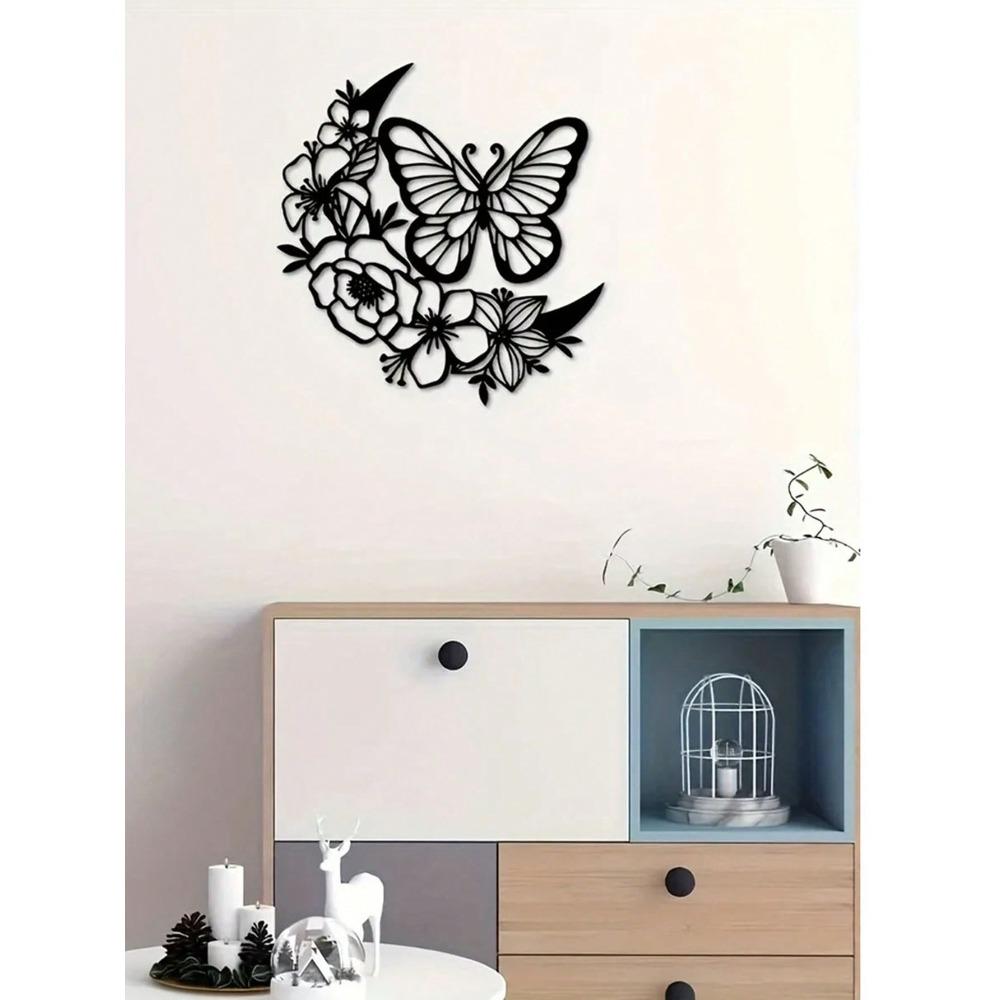 Handcrafted Moon Phase Metal Wall Art, Butterfly Flower Decor, Boho Nordic Home Decoration