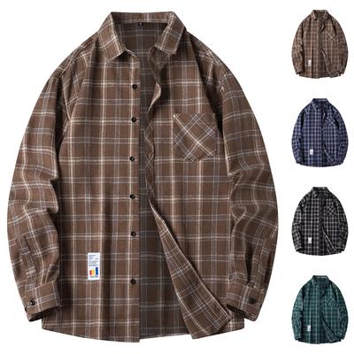 Men's Spring Plaid Trendy Fashion Loose Drop Shoulder Stand Collar Long Sleeve Shirt