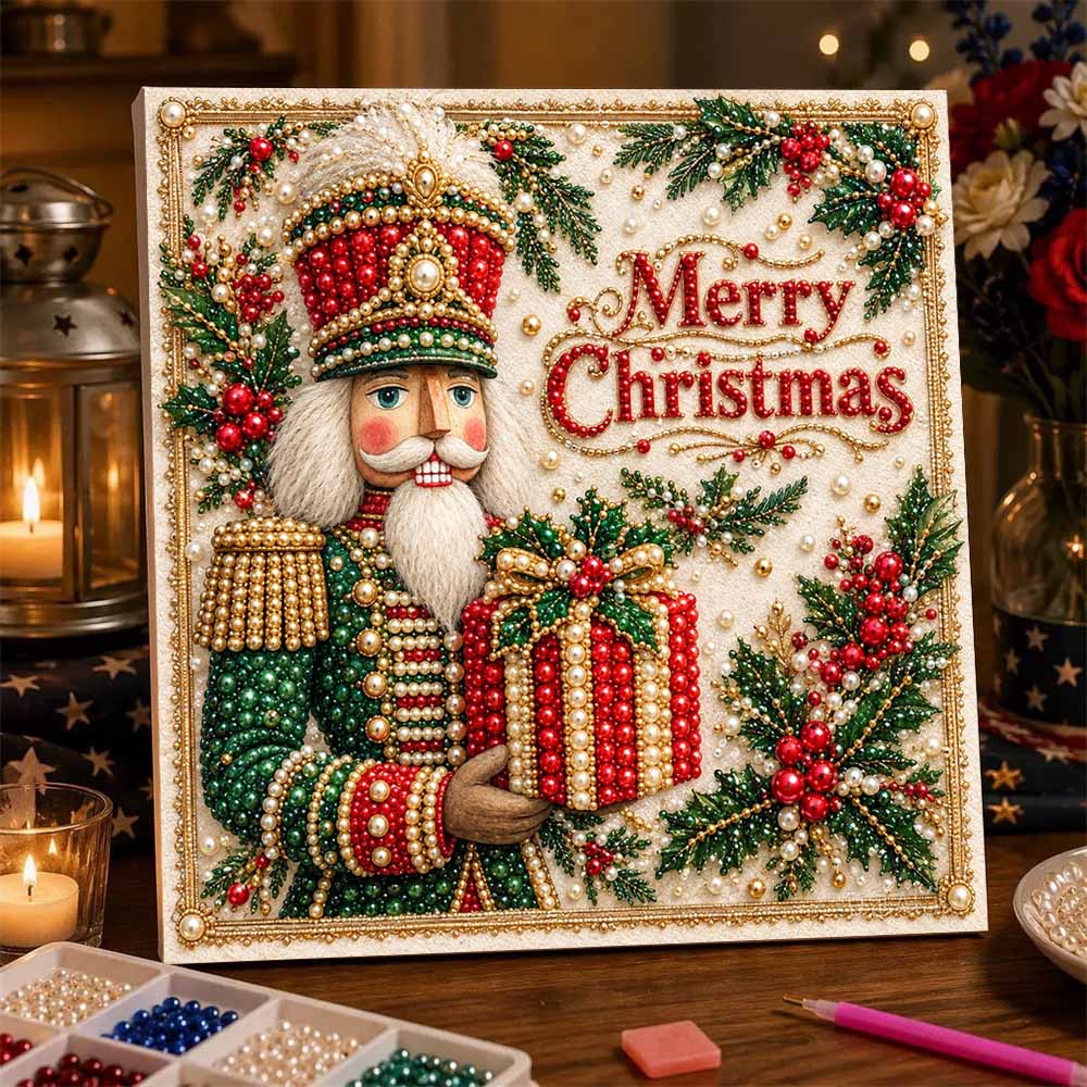 Nutcracker Merry Christmas Pearl Bead Art with Frame 3D Sparkling Canvas Painting Home Wall Decor and Creative Gift for Girls Room Decor