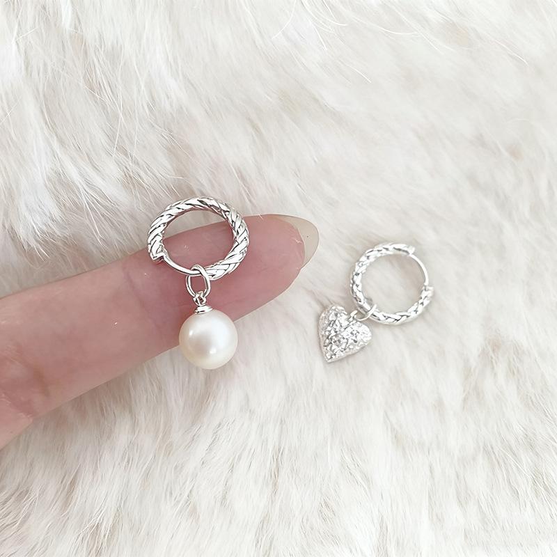Real Sterling Silver Heart Pearl Pendant Hoop Earrings for Women Cute Asymmetric Fine Minimalist Accessories