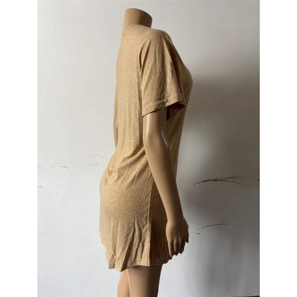 Women's pajamas dress Khaki short-sleeved V-neck casual dress