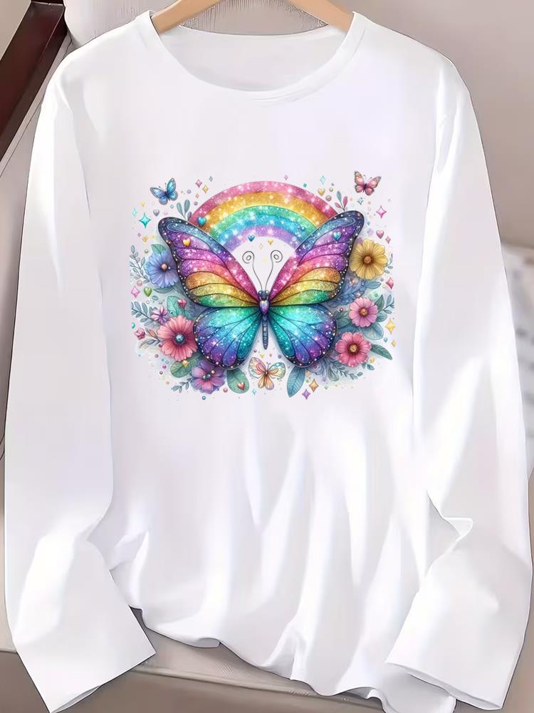 (Asian Size) style flower autumn winter Graphic Tee spring o-neck Print T Shirt Casual Clothing Women Fashion Top Long Sleeve T-shirts