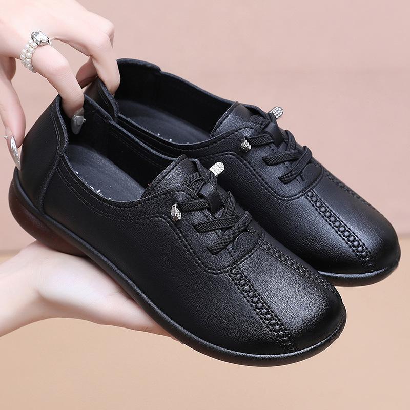 Spring Shoes Non-slip Comfortable Medium Lace-up Single Shoes Soft-soled Leather Shoes Elderly Shoes Jelly Sole Middle-aged and Elderly Women's Shoes