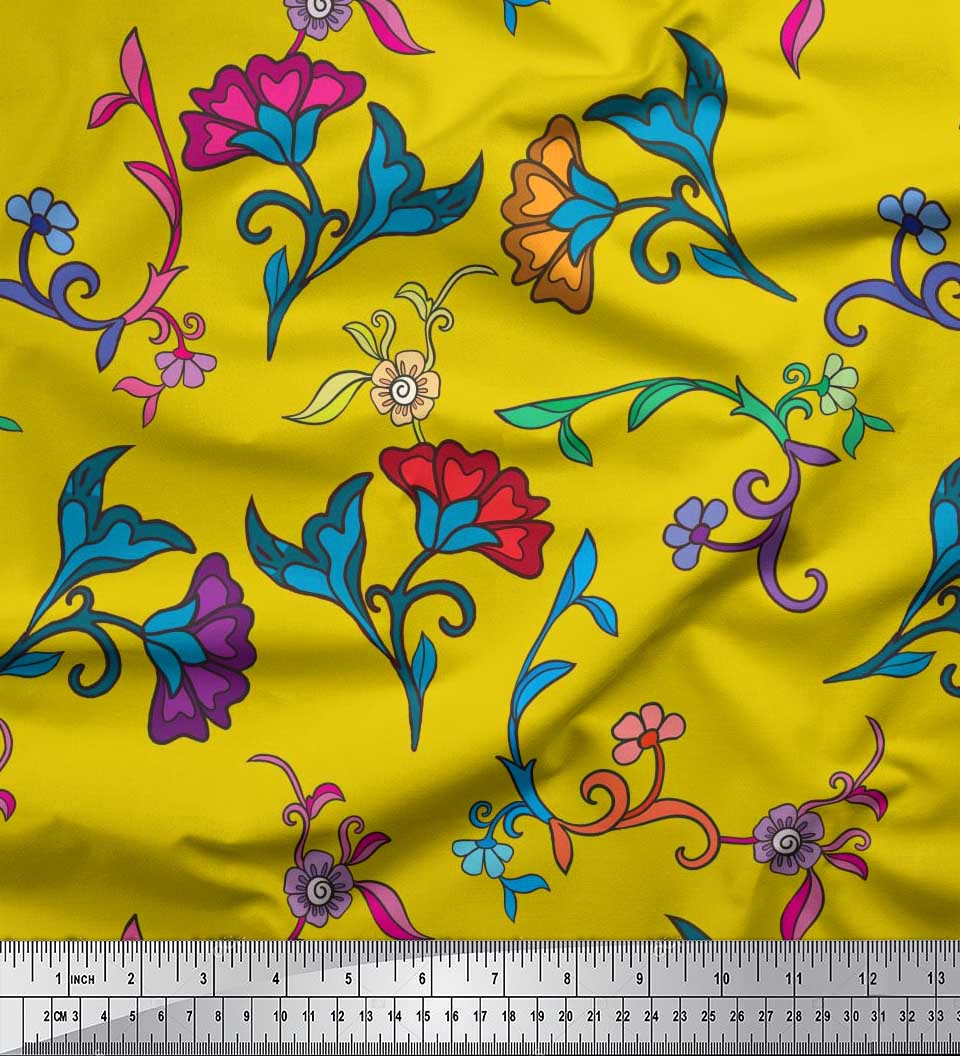 

Soimoi Purple Японська креп-атласна тканина з листям і квітковим художнім декором Тканина з принтом метр 42 дюйма 42 Inch Wide - Poly Crepe жовтий