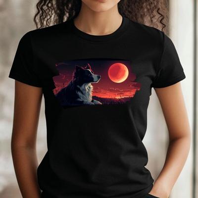 T-Shirt Women Border Collie with Red Moon Motif Cotton Size XS To 3XLWill Be Opened In a New Window or Tab