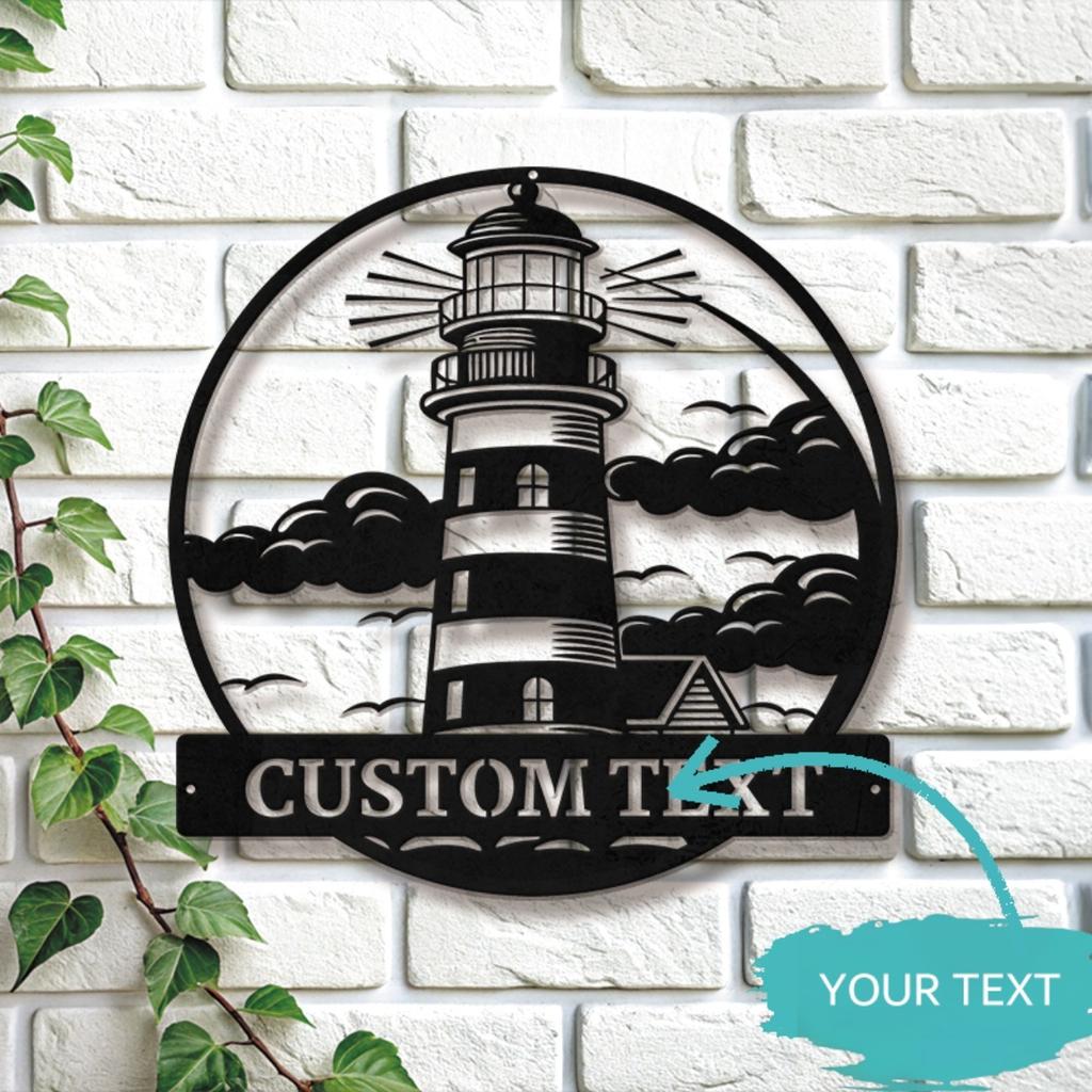Custom Nautical Lighthouse Metal Wall Art, Personalized Coastal Home Decor with Custom Text, Rustic Beach House Gift