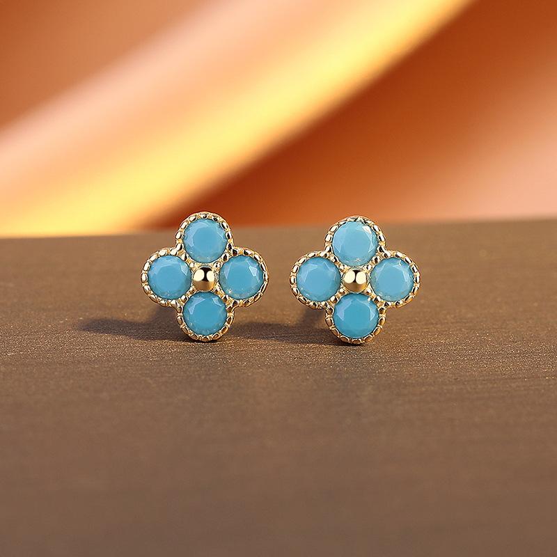 Turquoise Four-Leaf Clover Earrings Female Screw Buckle Exquisite Retro High-End Ear Jewelry 925 silver