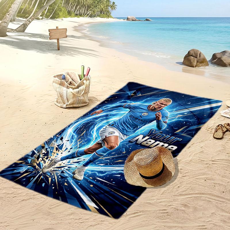 Asciugamano da Spiaggia Personalizzato Stampato Erling Haaland Logo Calcio Supporto Nome Personalizzato Testo Asciugamano Assorbente Per Sport Viaggio Regalo Speciale