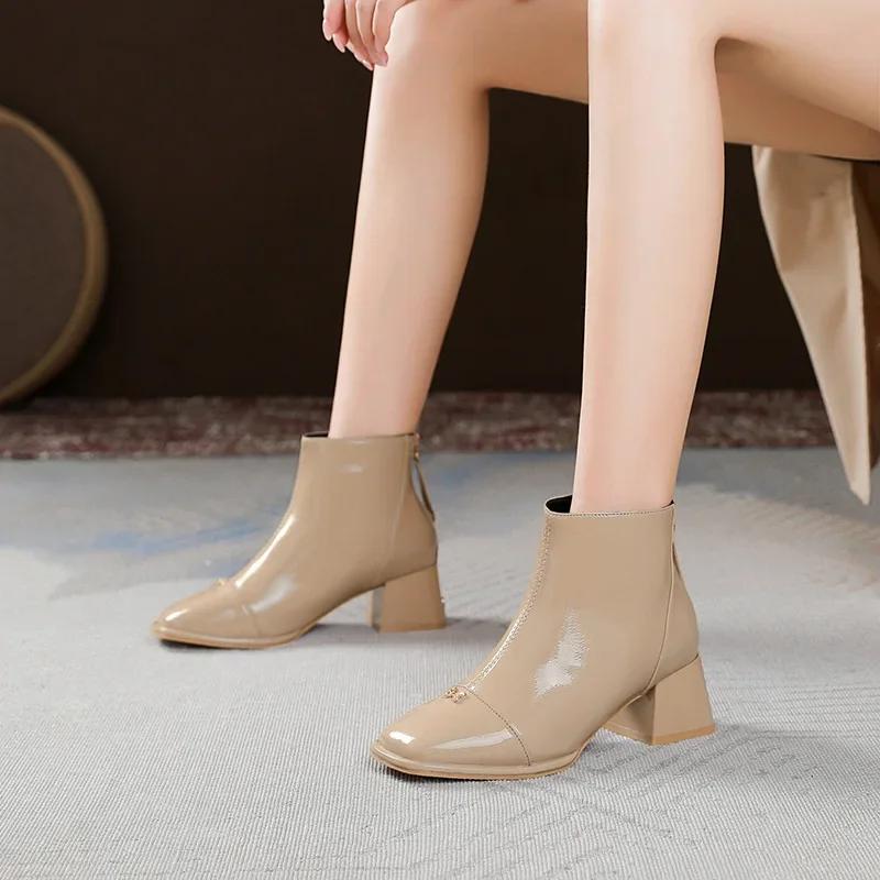 2024 Spring and Autumn Winter New Korean Fashion Short Boots Square Head Thick Heel Zipper Back Fashion Women's Boots