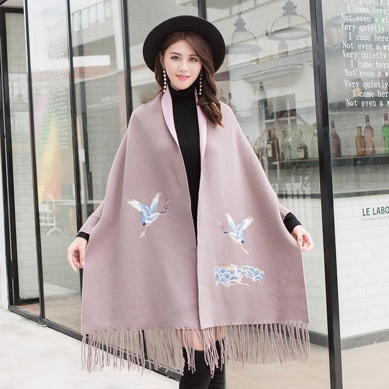Women's cape shawl with sleeves for autumn and winter, thickened and warm, cashmere embroidered scarf, knitted cape, dual-use coat