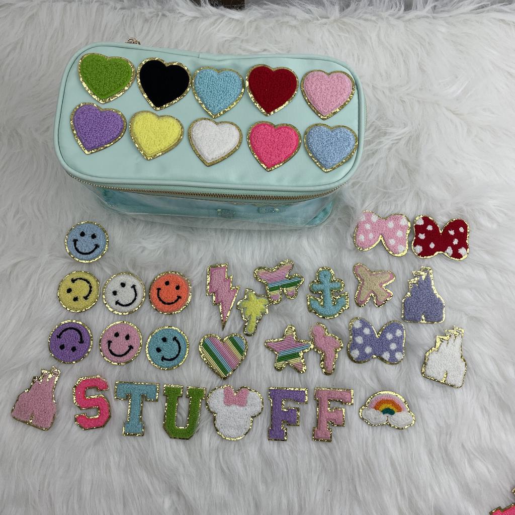Low MOQ Stock MONOGRAM CLEAR Women Girls COSMETIC BAG CUTE Zip POUCH Make up Bag WITH GLITTER LETTER Decoration