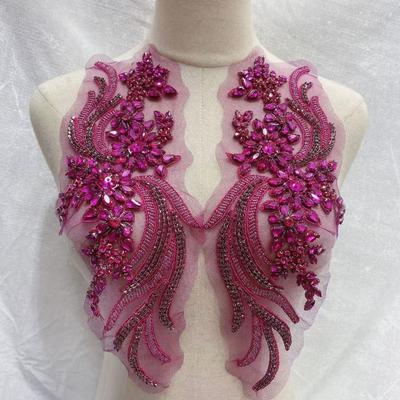 1Pair Multi-color Handmade Sewing Beaded Crystal Floral Lace Applique for Wedding Veil Gown Diy Clothing Decoration Accessories