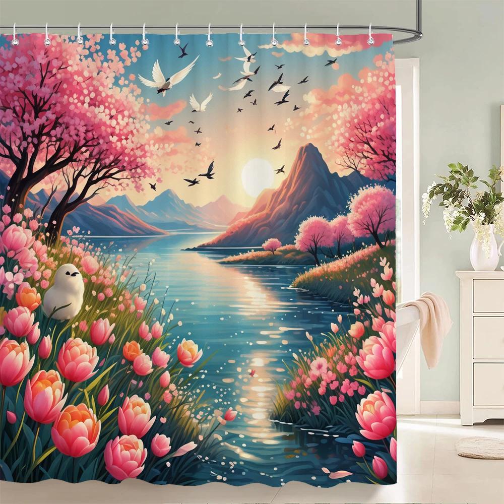 Floral Summer Shower Curtain Cat and Dog Animals Fabric Shower Curtains for Rustic Bathroom Decor Spring Plant Shower Curtain