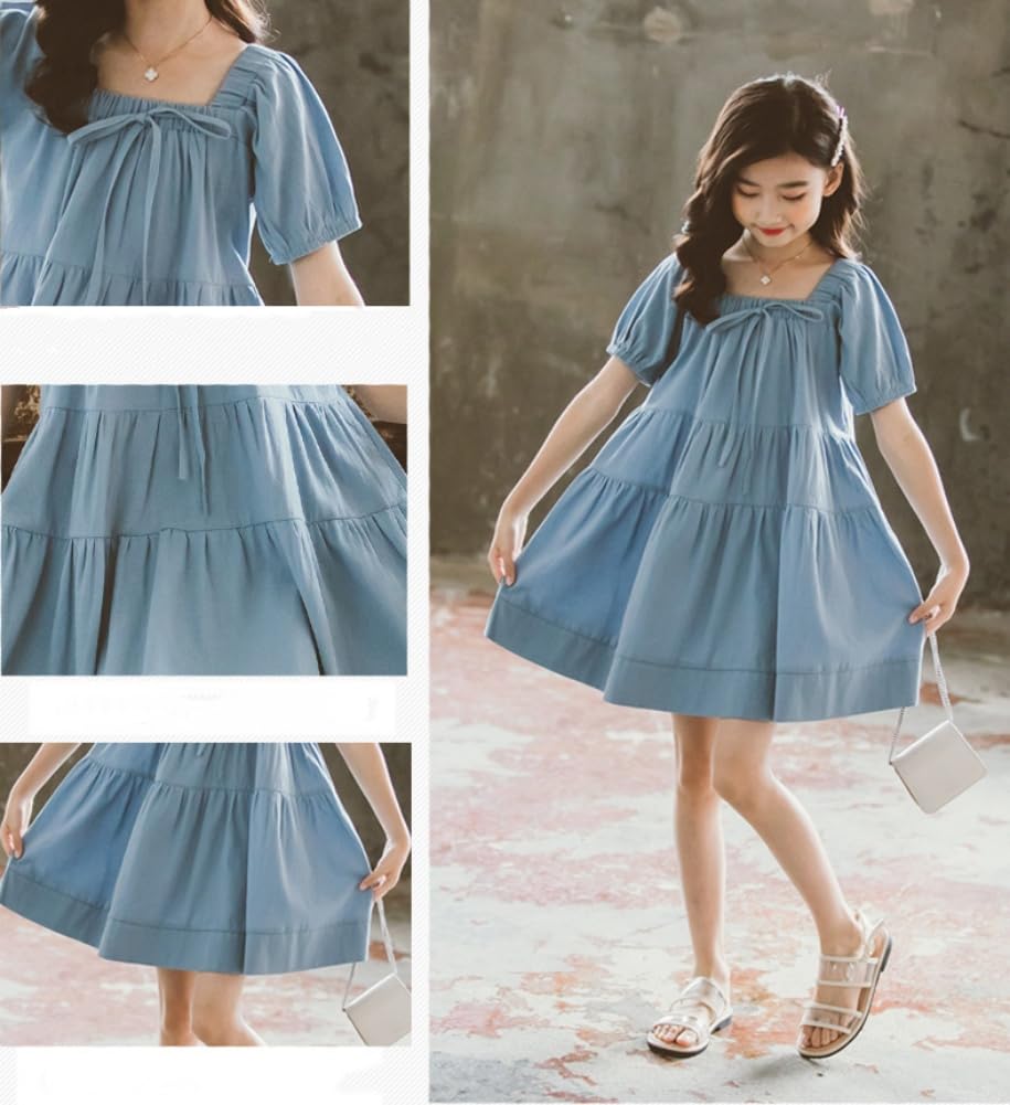 Beveaya Summer Short Sleeve Flared Loose Summer Solid Perfect for Everyday Size 130 Girls' Dress, A-Line, Fit, Ribbon, Kids' Dress, Cute, Color, Wear,