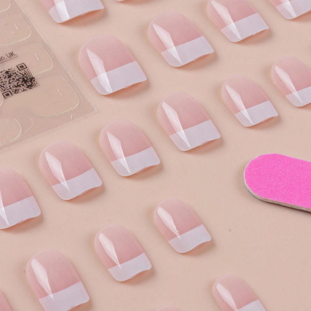 24pcs French Stiletto Nail Kit Nude And White, Short Square Acrylic False Nails With Jelly Stickers, Nail Art Supplies