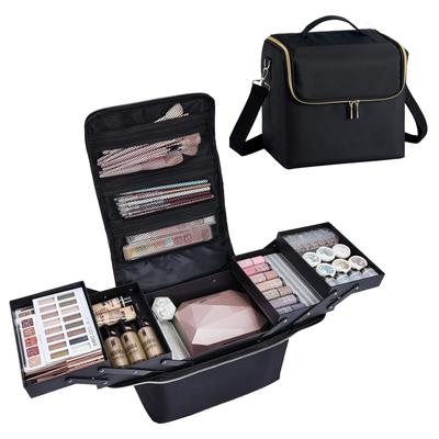 Large Capacity 4-Tier Nylon Cosmetic Storage Bag Multifunctional Travel Makeup Train Case Tattoo Organizer with Luggage Sleeve
