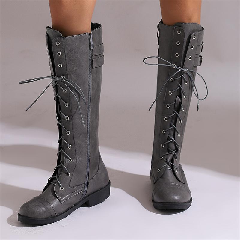 Women Knee High Long Boots Round Toe Thick Mid Heels Buckle Lace-up Zipper Gogo Boots Ladies Fashion Shoes Autumn Winter 46