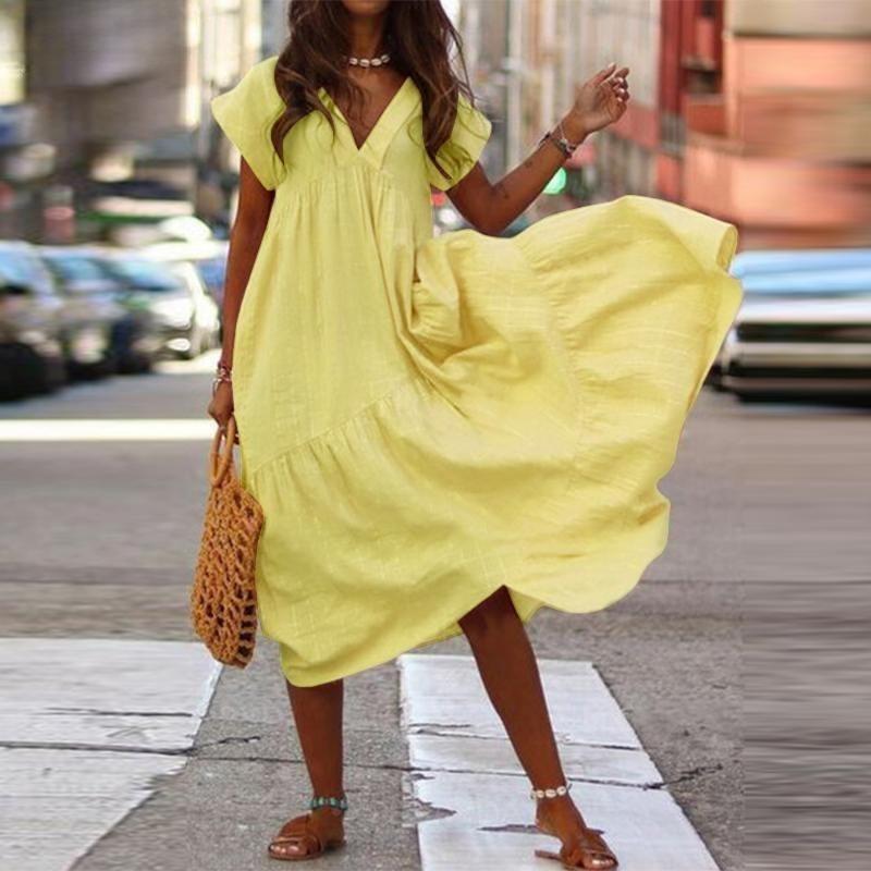 Plus-size Multi-colored Loose V-neck Dress for Women