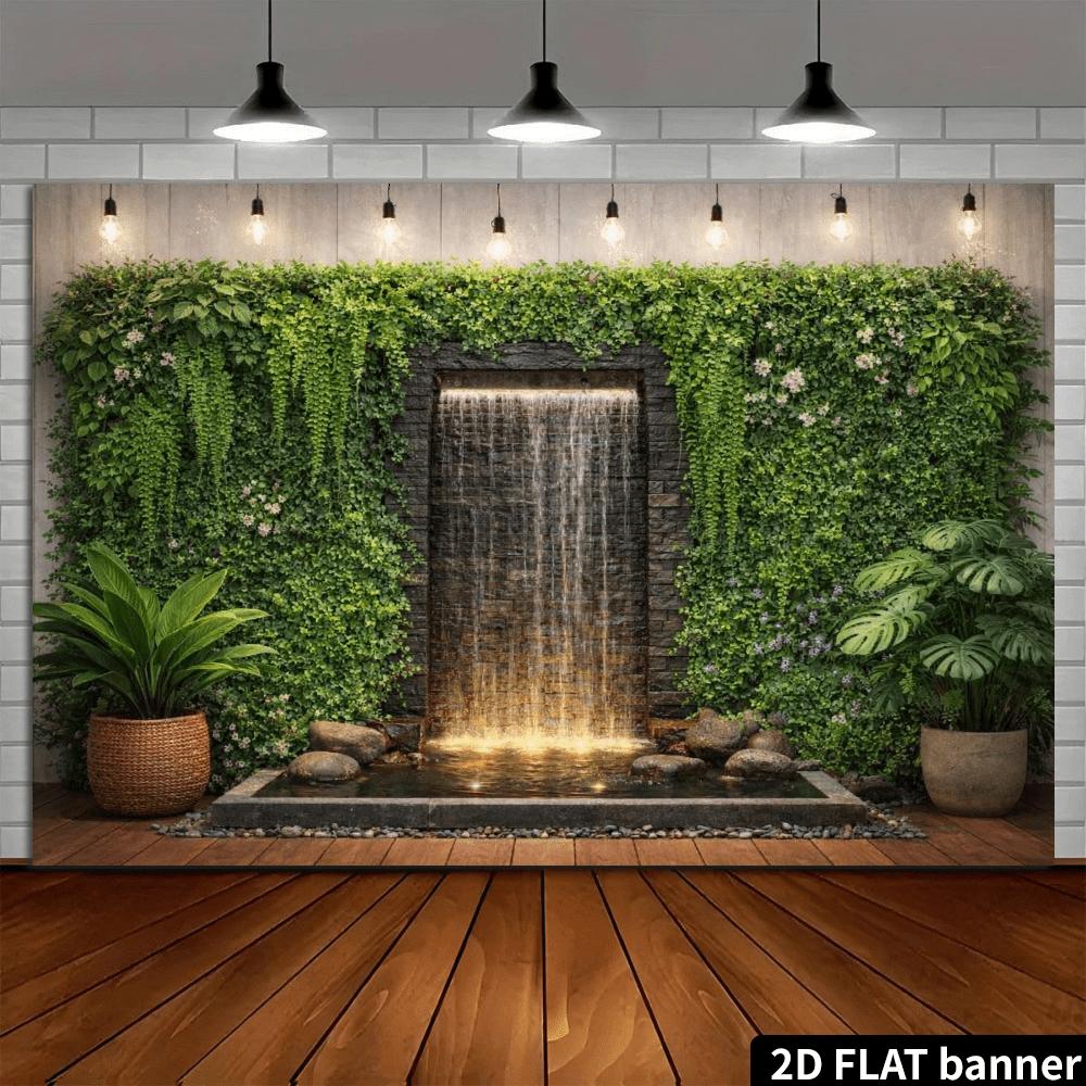 2D plane, stone wall water curtain with green plants as the background fabric, suitable for home decoration, polyester fiber