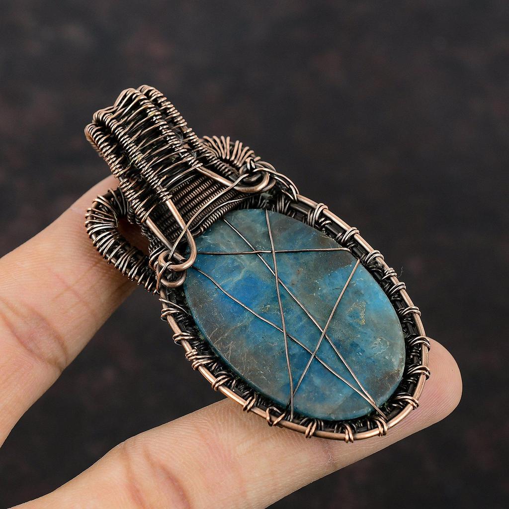 Neon Apatite Gemstone Pendant Copper Wire Wrapped Pendant Handmade Neon Apatite Jewelry Dainty Pendant Copper Wire Wrap Jewelry Gift For Mom