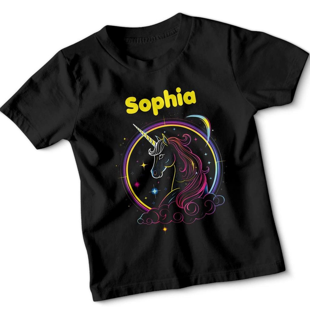 Personalised Unicorn Rainbow Kids Tshirt Any Name Birthday Present Gift Tee