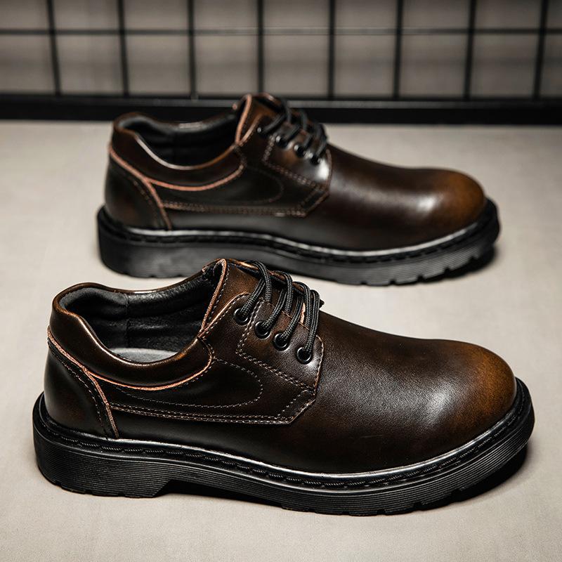 Round head casual leather shoes muffin bottom tooling low-top Martin shoes men's leather heightening retro
