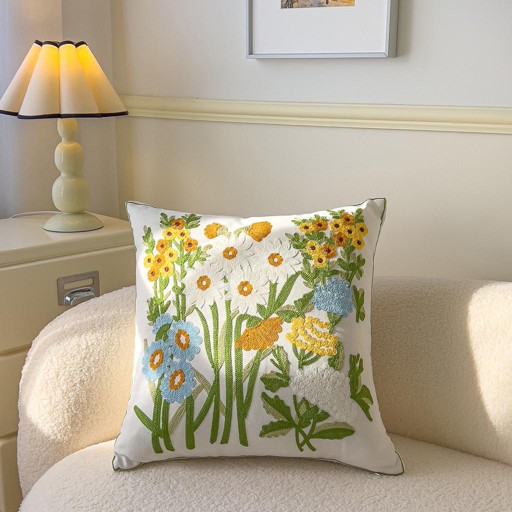 Spring Flower Embroidered Throw Pillowcase Cojines Canvas Towel Embroideried Sofa Square Cushion Cover Headboard Pillowcases