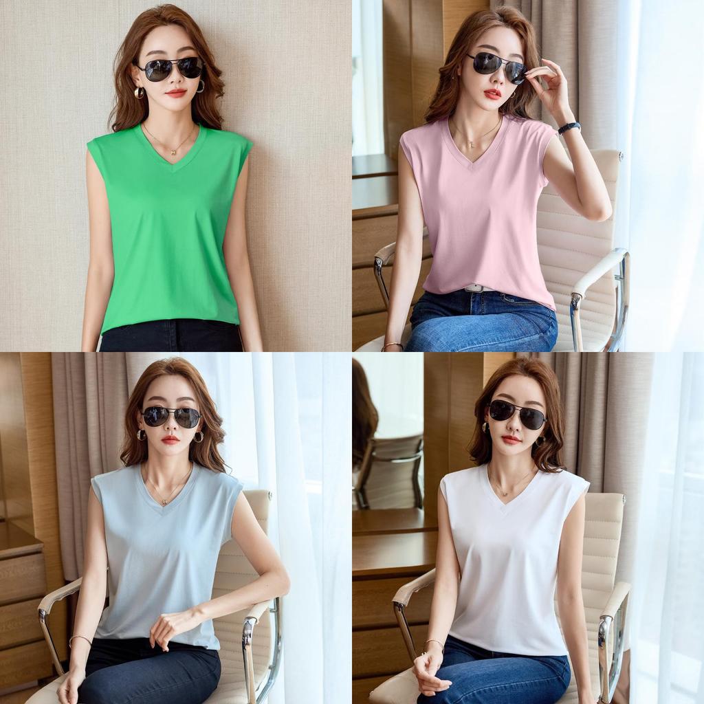Silk Cotton Sleeveless Vneck T Shirt For Women With Breathable Fabric Summer Casual Wear