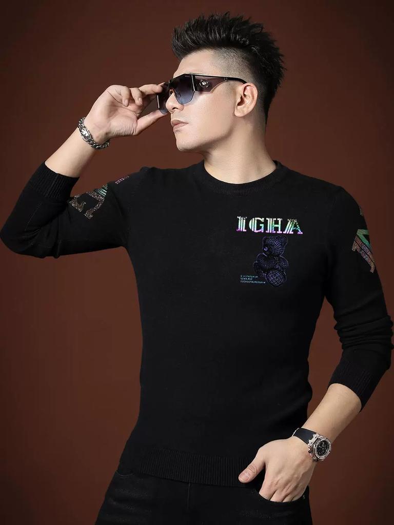 European-Style Men's Knitwear Autumn 2025 New High-End Sweater Men's Fashion Brand Rhinestone Round Neck Long-Sleeve Top