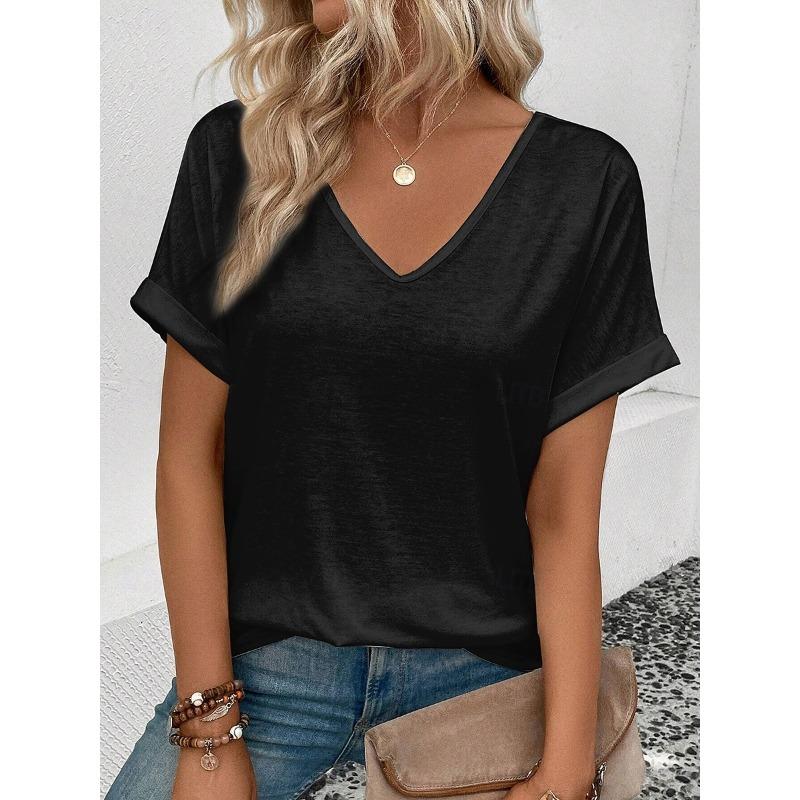 Camiseta Casual para Mujer con Estampado de Rayas Manga Corta Tops Regular Cuello en V Diaria Blanco y Negro Verano