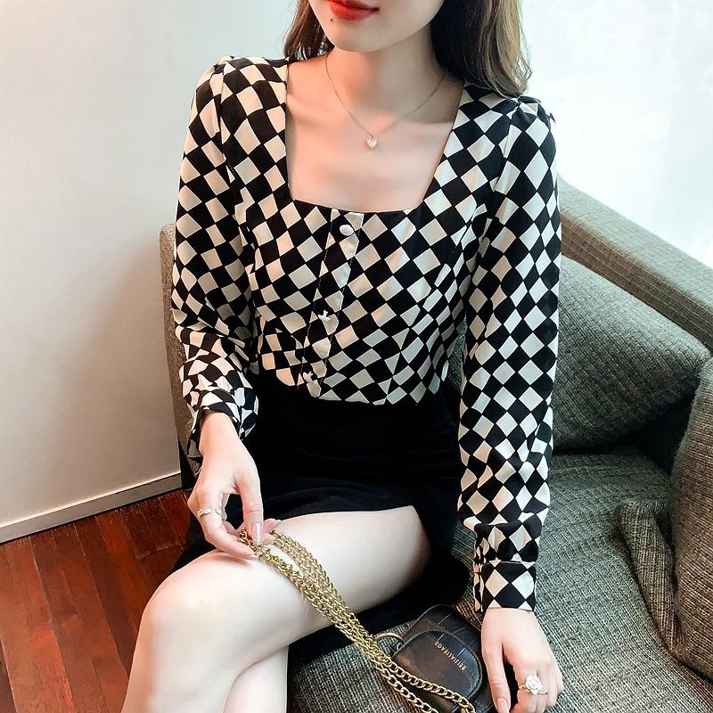 Temperament Square Neck Long Sleeve Retro Casual Shirt Women Fashion Tops Button Up Elegant Loose Blouse for Women Simple Slim Fit Shirts Woman 26350