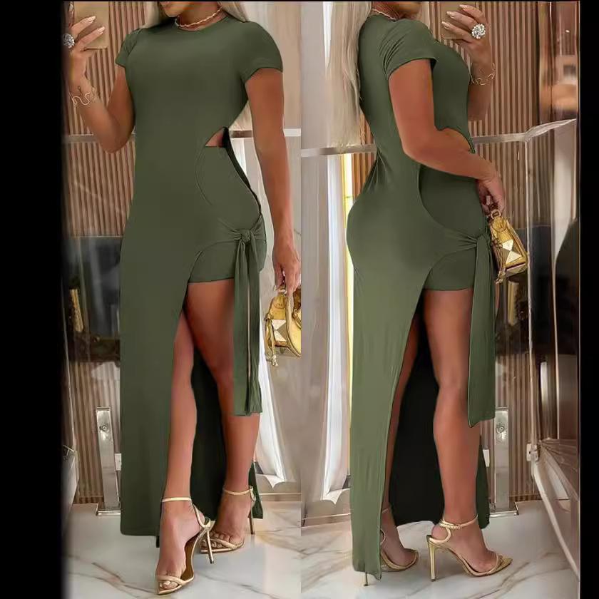 GMXIA Spring and Summer Short Sleeve O-Neck Fashion Casual Split Long Dress Suit Women's Wear
