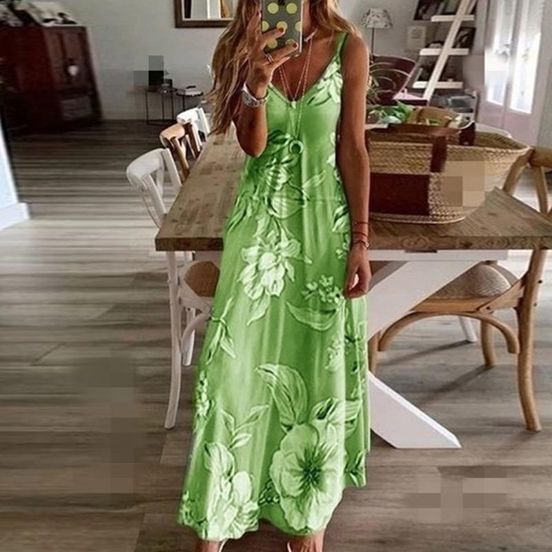 Fashion Loose Printed Suspenders Long Dress Women V Neck Plus Size Casual Simple Floral Maxi A-line Party Dresses Summer Spring Streetwear Clothing