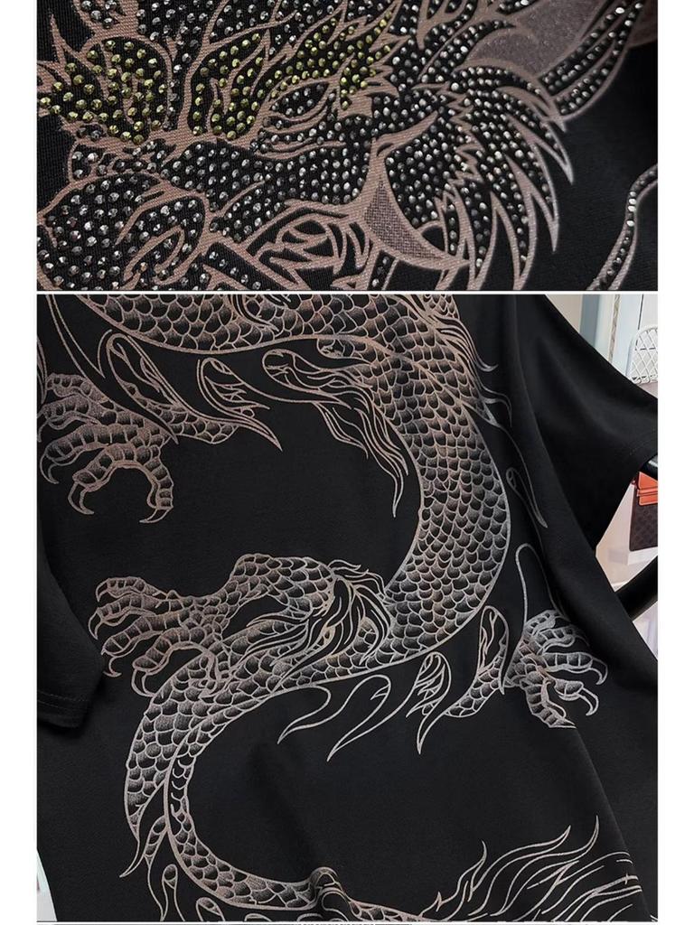 T-shirt Trendy da Uomo a Maniche Corte con Drago di Strass - Stile Celebrità Estivo
