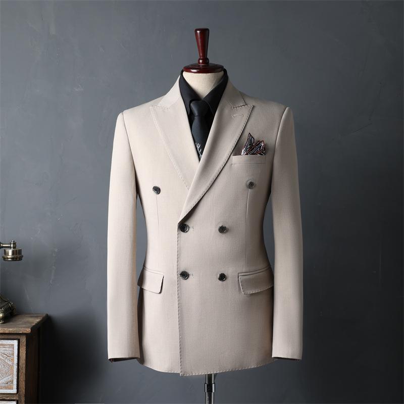 Korean-Style Apricot Double-Breasted Men's Suit, 2024 Autumn Wedding & Best Man Attire