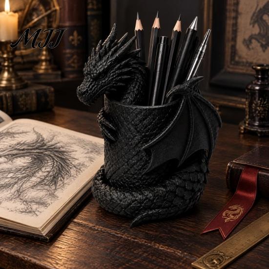 Detailed Sculpture Pen Stand 3D Printed Gothic Dragon Holder, Coiled Figurine Stationery Cup, Office Decor Fantasy Desk Organizer, Halloween Tabletop