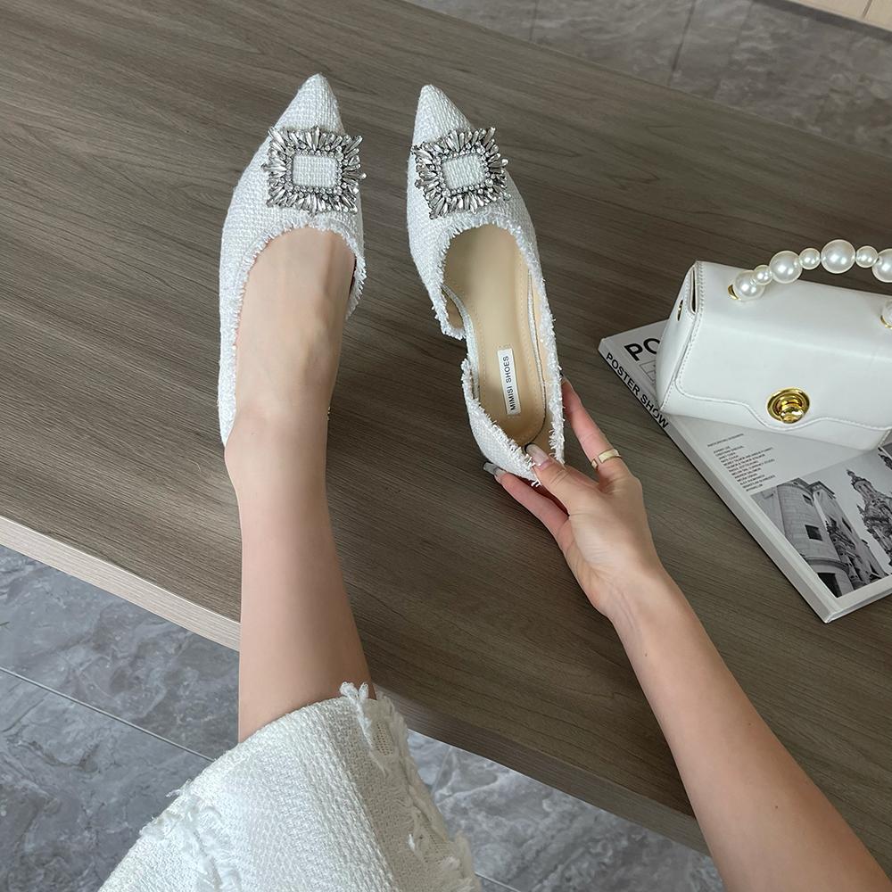 Mode Spetsig Tå 2024 Nyheter Dam Loafers Klänningsskor Casual Tofflor Mules Skor Svart/Vit Strassspänne Balettloafers