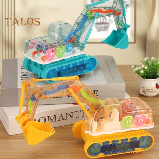 Clear Mechanical Gear Excavator Toy with Colorful LED Lights Music Movable Digging Arm Electric Construction Vehicle Toddlers Boys Educational