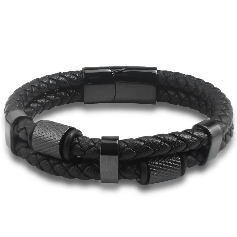 

Luxury Pineapple Grain Bead Charm Bracelets for Men, Vintage Punk Male Wristband, Black Braided Real Genuine Leather Bangle 18.5cm