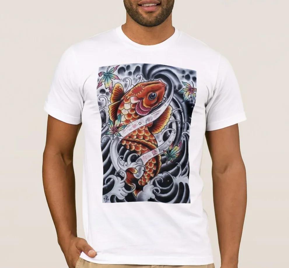 Colored KOI Tattoo Look Printed Premium TShirt Summer Cotton Short Sleeve ONeck Unisexs T Shirt New S3XL