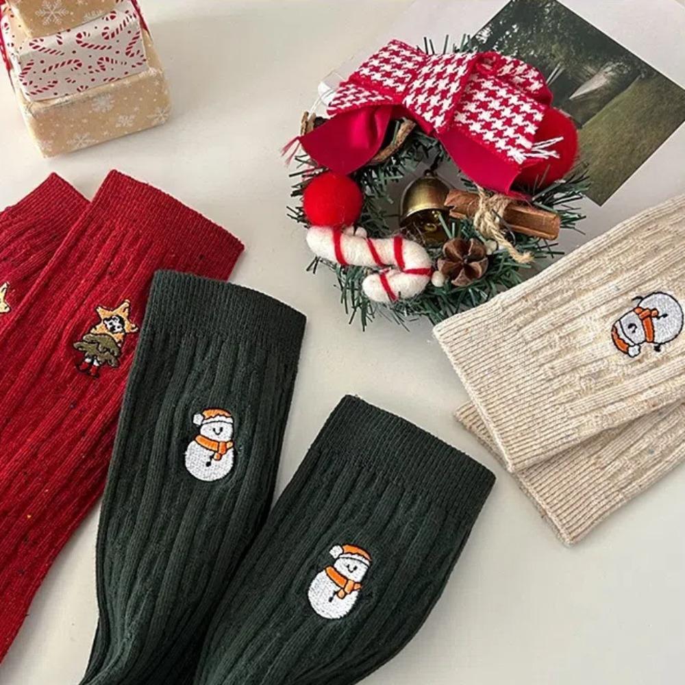 Chaussettes Mi-mollet Broderie Bonhomme de Neige Coton Chaussettes d'Hiver Nouvelles Chaussettes Tricotées