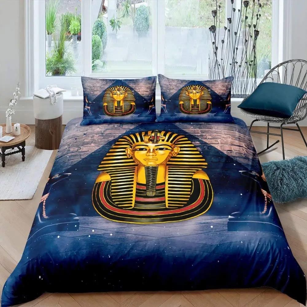 Pharaoh Duvet Cover Queen Ancient Egypt Tribe Comforter Cover Set for Boys Egyptian Pyramids Exotic Style Polyester Bedding Set